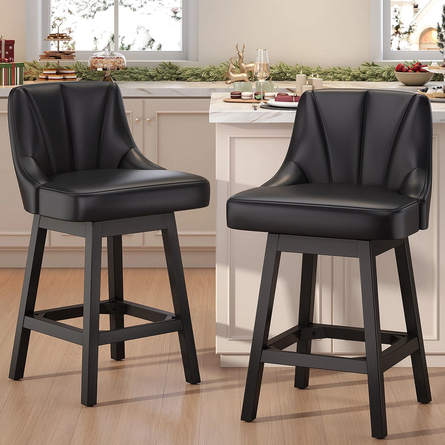YaFiti Swivel Bar Stools with Backs, 26" Counter Height Bar Stools Set of 2, Modern Leather Extra Upholstered Counter Barstools with Square Solid Wood Legs for Kitchen Island, Dining Room, Black