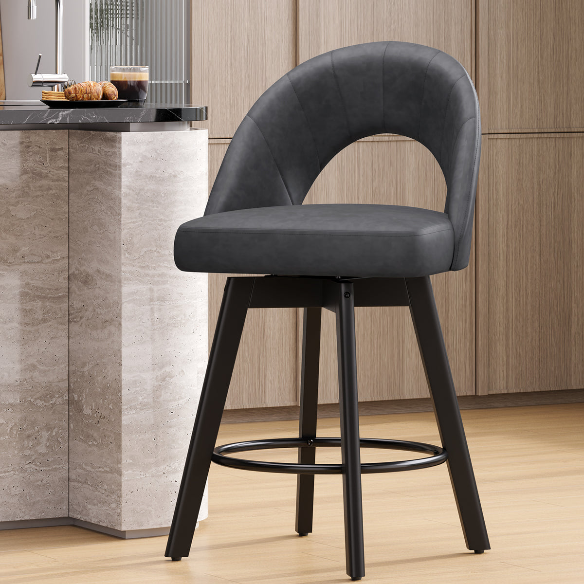 YaFiti 24" Kitchen Island Bar Stools, Charcoal Grey Faux Leather