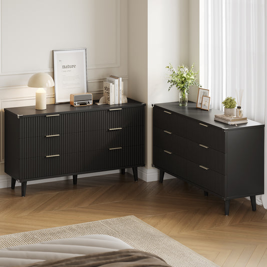 GIKPAL Black Dresser with 6 Drawer Set of 2, Modern Chest of Double Drawers Dressers, Wood Boho Fluted Storage Cabinet with Metal Handles, for Living Room