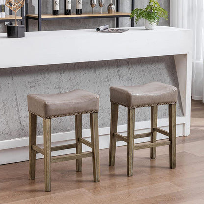 YaFiti 26" PU Leather Bar Stools Set of 2 with Solid Wood Legs Grey