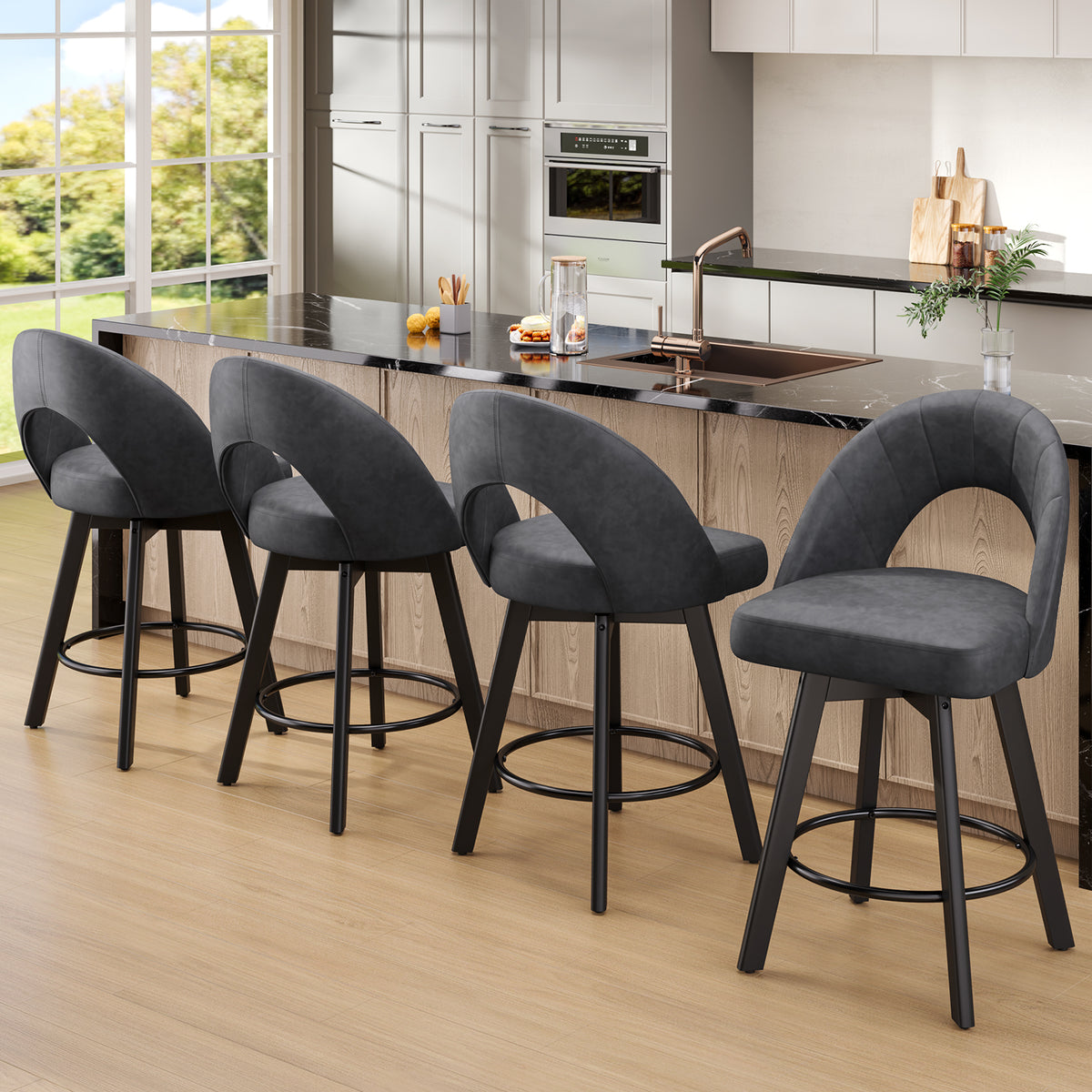 YaFiti 24" Kitchen Island Bar Stools, Charcoal Grey Faux Leather