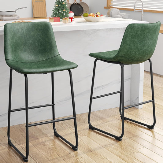 YaFiti Barstools 30'' PU Leather Counter Height Bar Stools Set of 2 with Back Modern Armless Chairs with Footrest and Metal Legs for Kitchen Living Room Pub,Green