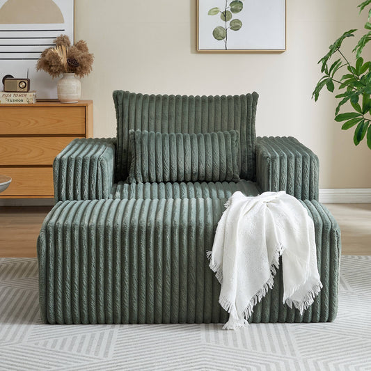GIKPAL 62.5"x48.5" Oversized Sleeper Sofa Bed, Plush Corduroy Fabric Sectional Sofa with Removable Footrest & No Assembly Required, Modern Sleeper Couch for Living Room, Green