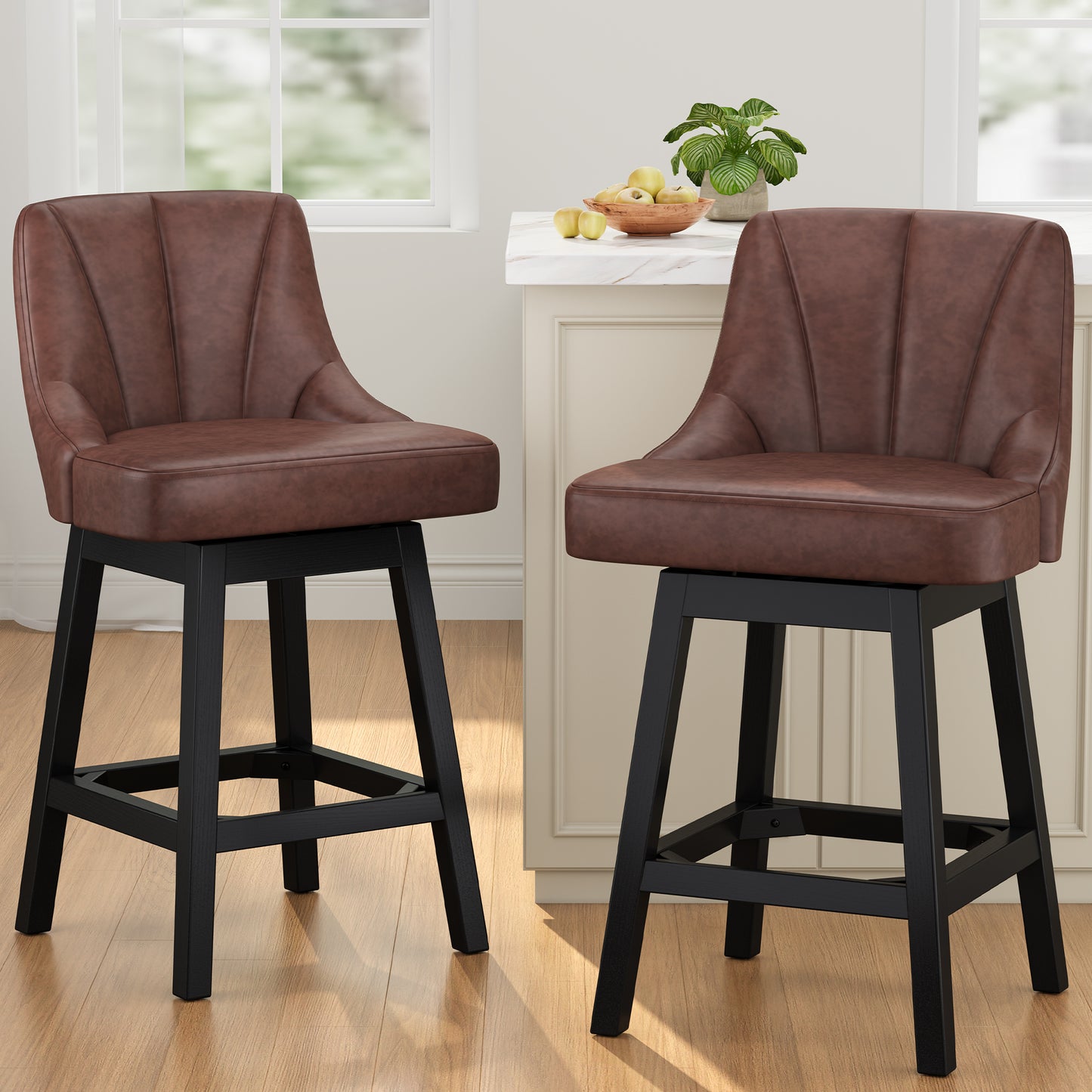 YaFiti Swivel Bar Stools with Backs, 26" Counter Height Bar Stools Set of 2, Modern Leather Extra Upholstered Counter Barstools with Square Solid Wood Legs for Kitchen Island, Dining Room, Brown