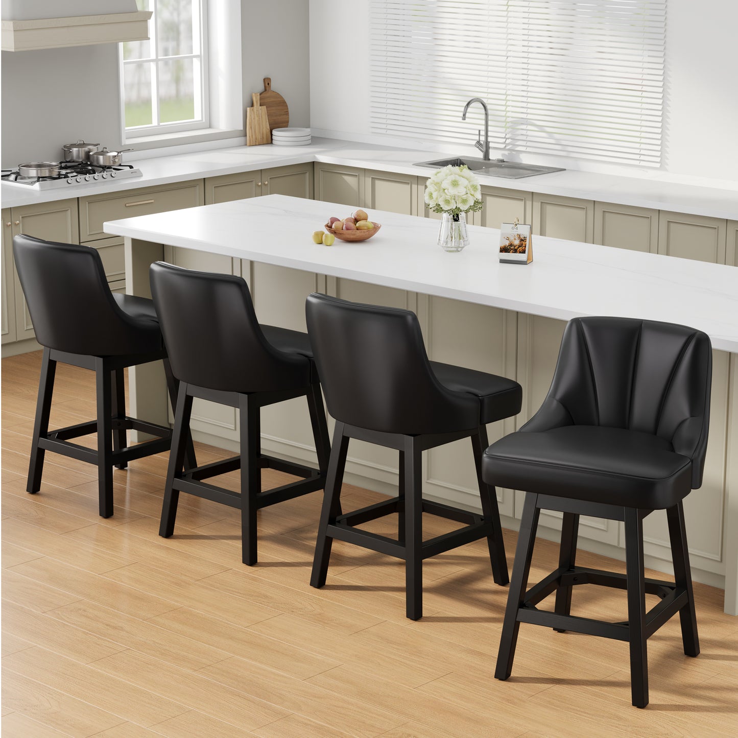 YaFiti Swivel Bar Stools with Backs, 26" Counter Height Bar Stools Set of 2, Modern Leather Extra Upholstered Counter Barstools with Square Solid Wood Legs for Kitchen Island, Dining Room, Black