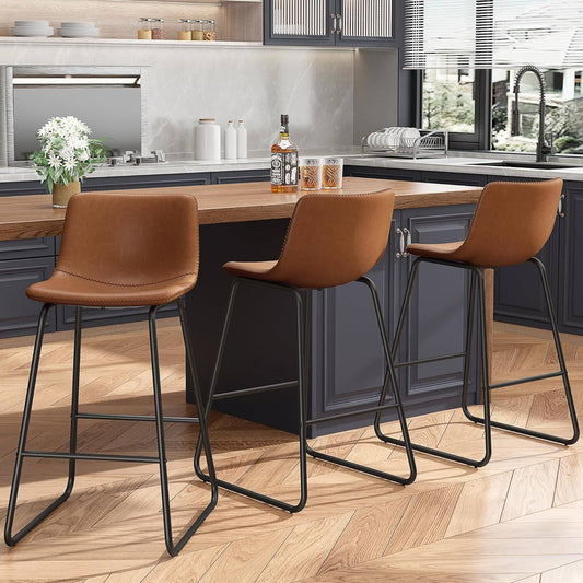 GIKPAL Bar Stools 26" Faux Leather Counter Height Barstools with Back Set of 3, Modern Counter Stools with Metal Legs and Footrest, Armless Chairs with Back for Kitchen Living Room Pub, Dark Brown