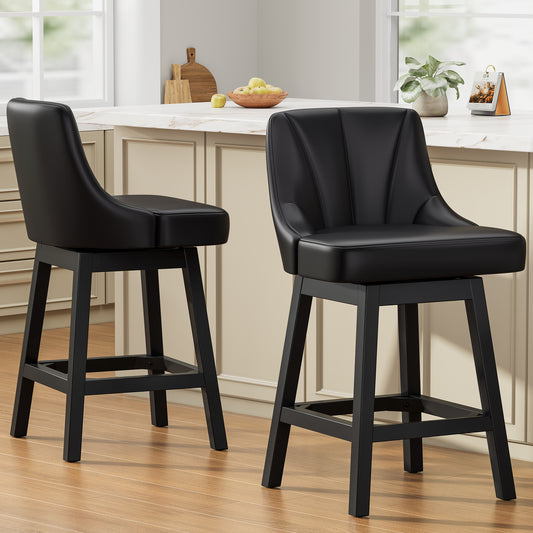 YaFiti Swivel Bar Stools with Backs, 26" Counter Height Bar Stools Set of 2, Modern Leather Extra Upholstered Counter Barstools with Square Solid Wood Legs for Kitchen Island, Dining Room, Black