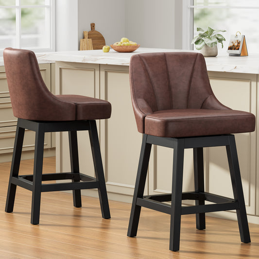 YaFiti Swivel Bar Stools with Backs, 26" Counter Height Bar Stools Set of 2, Modern Leather Extra Upholstered Counter Barstools with Square Solid Wood Legs for Kitchen Island, Dining Room, Brown