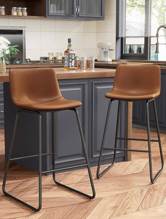 GIKPAL Bar Stools 26" Faux Leather Counter Height Barstools with Back Set of 2, Modern Counter Stools with Metal Legs and Footrest, Armless Chairs with Back for Kitchen Living Room Pub, Dark Brown