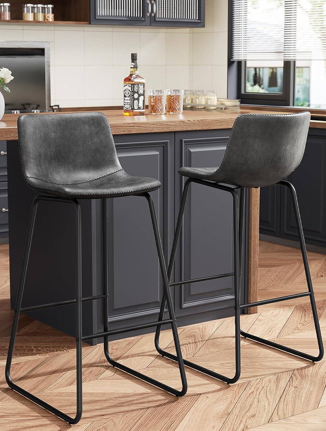 GIKPAL Bar Stools 30" Faux Leather Counter Height Barstools with Back Set of 2, Modern Counter Stools with Metal Legs and Footrest, Armless Chairs with Back for Kitchen Living Room Pub,Gray