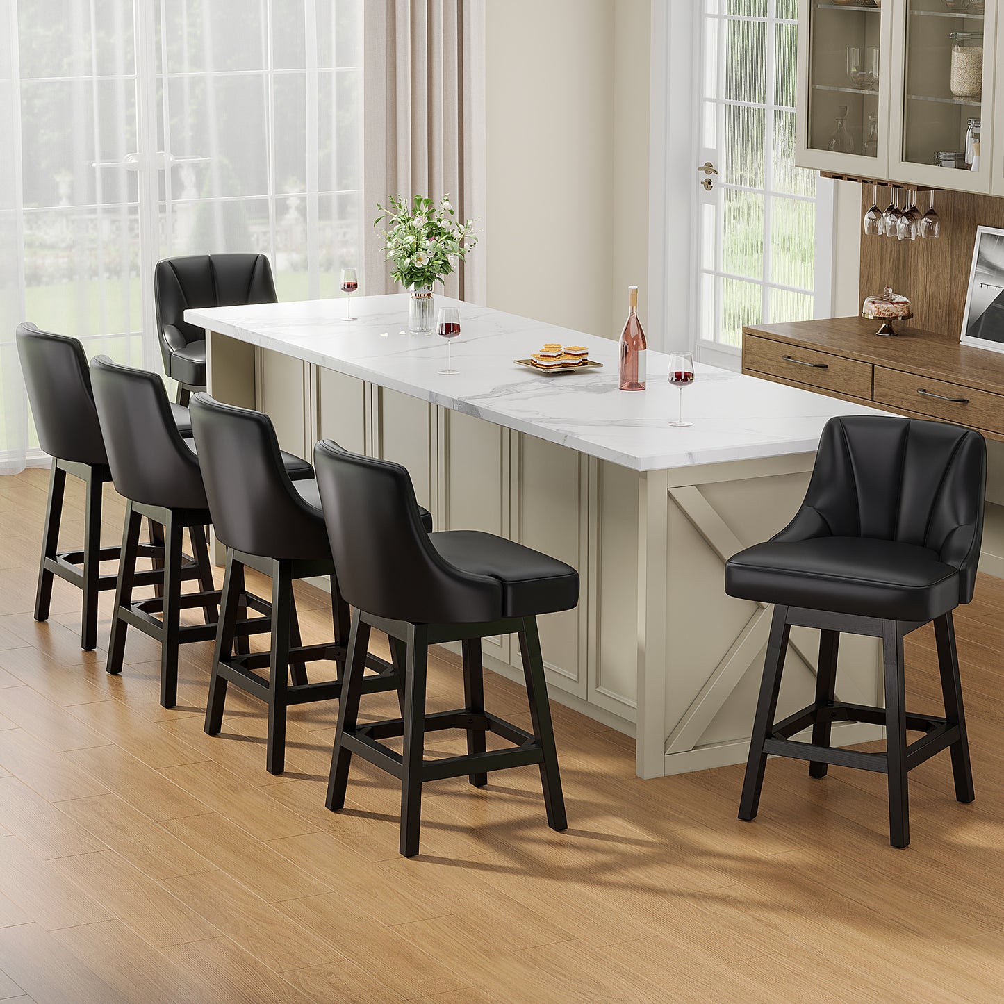 YaFiti Swivel Bar Stools with Backs, 26" Counter Height Bar Stools Set of 2, Modern Leather Extra Upholstered Counter Barstools with Square Solid Wood Legs for Kitchen Island, Dining Room, Black
