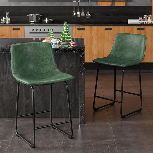 YaFiti Barstools 26'' PU Leather Counter Height Bar Stools Set of 2 with Back Modern Armless Chairs with Footrest and Metal Legs for Kitchen Living Room Pub,Green