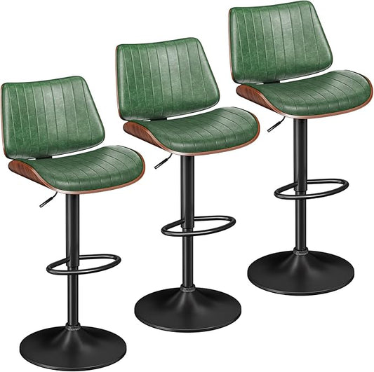 YaFiti Bar Chair Set of 3 Bar Stools Upholstered PU Leather Lift Swivel Barstools Height Adjust Counter Chair with Bentwood Back Metal Base for Dining Room Kitchen Club Green