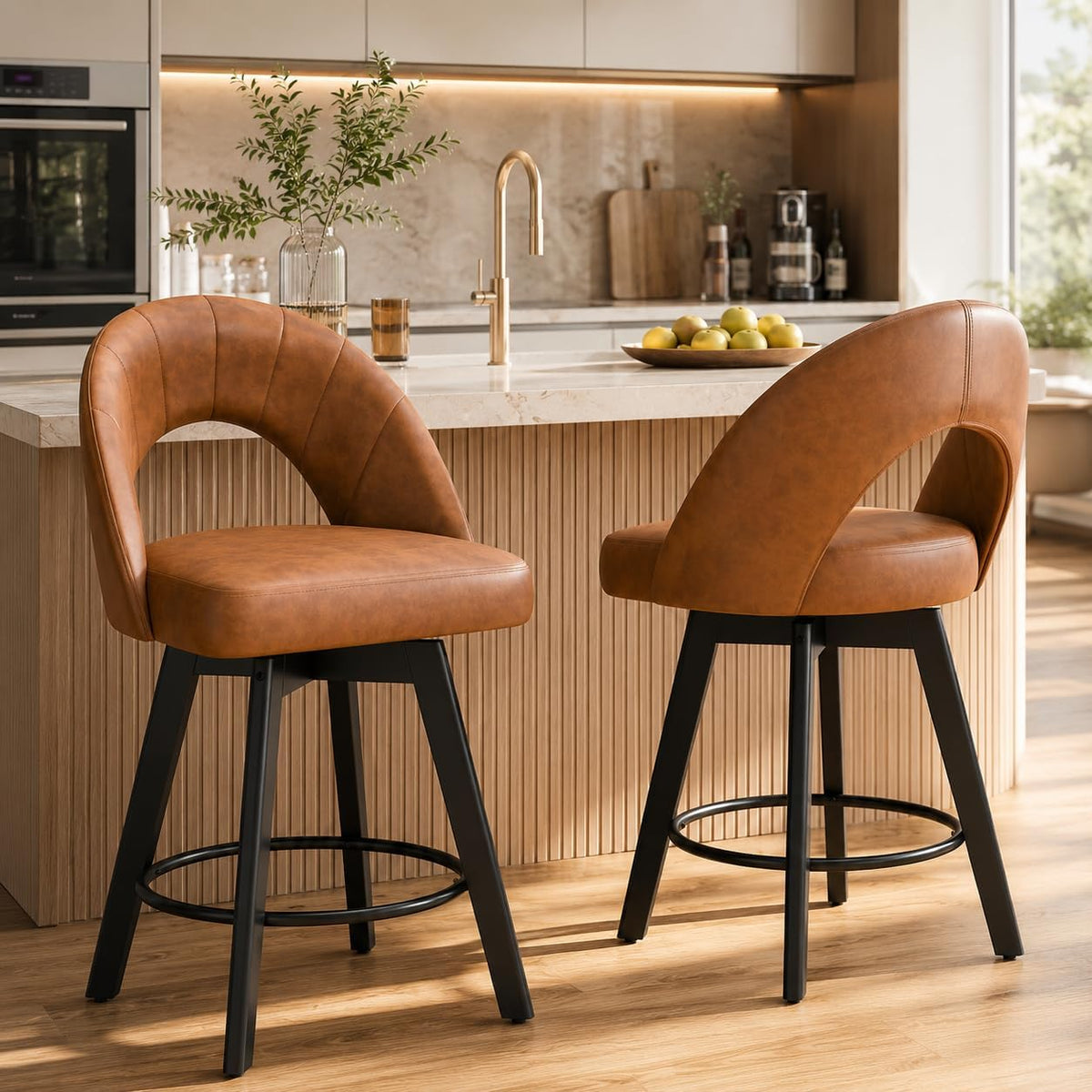 YaFiti 24" Kitchen Island Bar Stools, Charcoal Grey Faux Leather