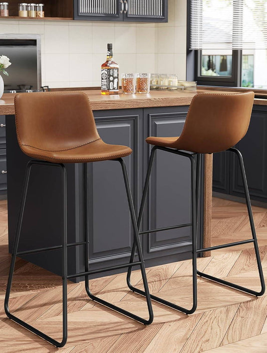 GIKPAL Bar Stools 30" Faux Leather Counter Height Barstools with Back Set of 2, Modern Counter Stools with Metal Legs and Footrest, Armless Chairs with Back for Kitchen Living Room Pub, Dark Brown
