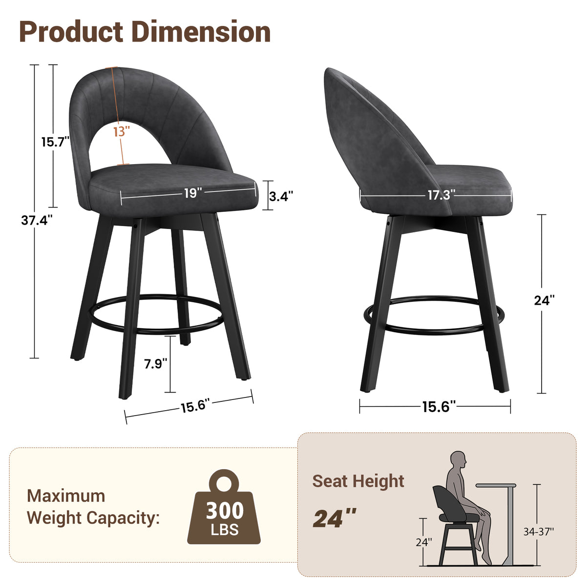 YaFiti 24" Kitchen Island Bar Stools, Charcoal Grey Faux Leather