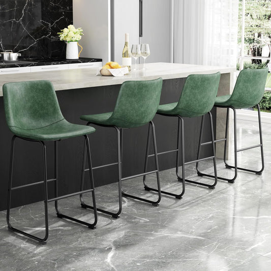 YaFiti Barstools 30'' PU Leather Counter Height Bar Stools Set of 6 with Back Modern Armless Chairs with Footrest and Metal Legs for Kitchen Living Room Pub,Green