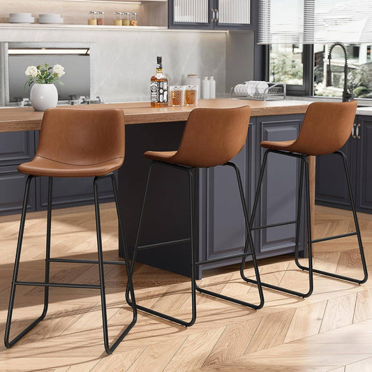 GIKPAL Bar Stools 30" Faux Leather Counter Height Barstools with Back Set of 3, Modern Counter Stools with Metal Legs and Footrest, Armless Chairs with Back for Kitchen Living Room Pub, Dark Brown