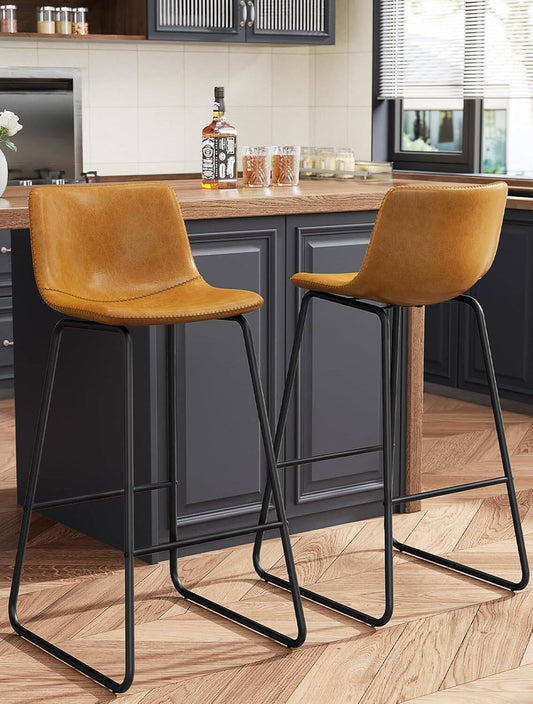 GIKPAL Bar Stools 30" Faux Leather Counter Height Barstools with Back Set of 2, Modern Counter Stools with Metal Legs and Footrest, Armless Chairs with Back for Kitchen Living Room Pub, Whiskey Brown