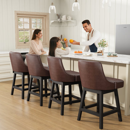 YaFiti Swivel Bar Stools with Backs, 26" Counter Height Bar Stools Set of 2, Modern Leather Extra Upholstered Counter Barstools with Square Solid Wood Legs for Kitchen Island, Dining Room, Brown