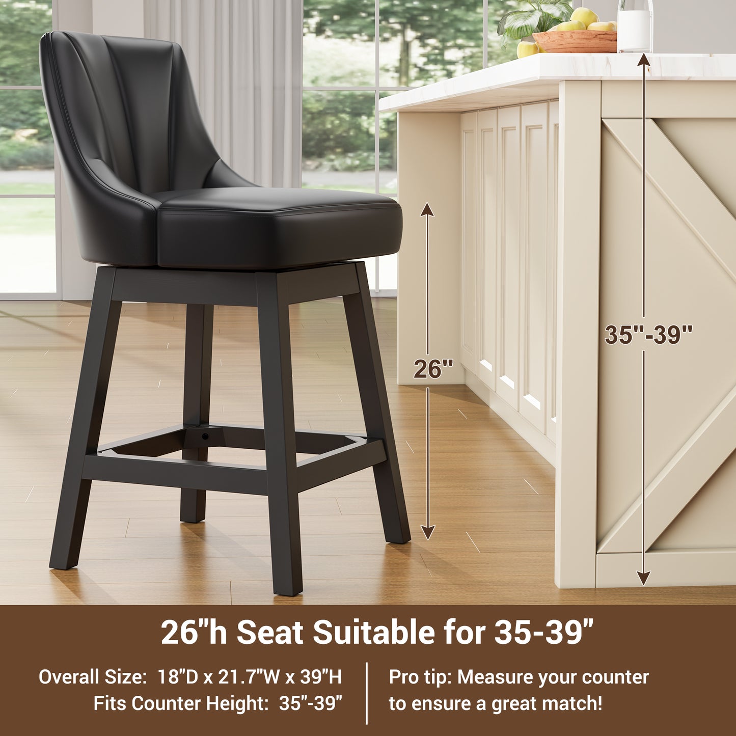 YaFiti Swivel Bar Stools with Backs, 26" Counter Height Bar Stools Set of 2, Modern Leather Extra Upholstered Counter Barstools with Square Solid Wood Legs for Kitchen Island, Dining Room, Black