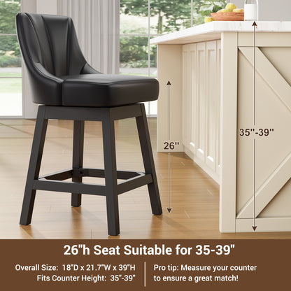 YaFiti Swivel Bar Stools with Backs, 26" Counter Height Bar Stools Set of 2, Modern Leather Extra Upholstered Counter Barstools with Square Solid Wood Legs for Kitchen Island, Dining Room, Black