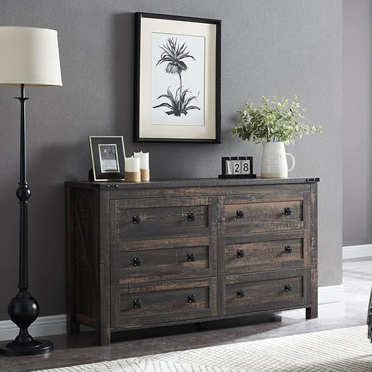 AOWOS 6 Drawers Dresser for Bedroom, Wood Bedroom Dresser Farmhouse Drawer Chest, Tall Dresser for Closet, Dressers Organizer for Living Room, Closet, Hallway, Black