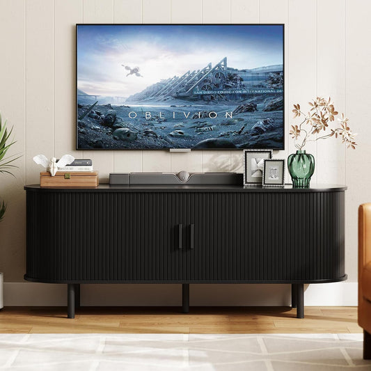 GIKPAL Fluted TV Stand for 65 Inch TV – Modern Entertainment Center with Power Outlets, Adjustable Shelves & Sliding Doors, Stylish Media Console for Living Room, Black