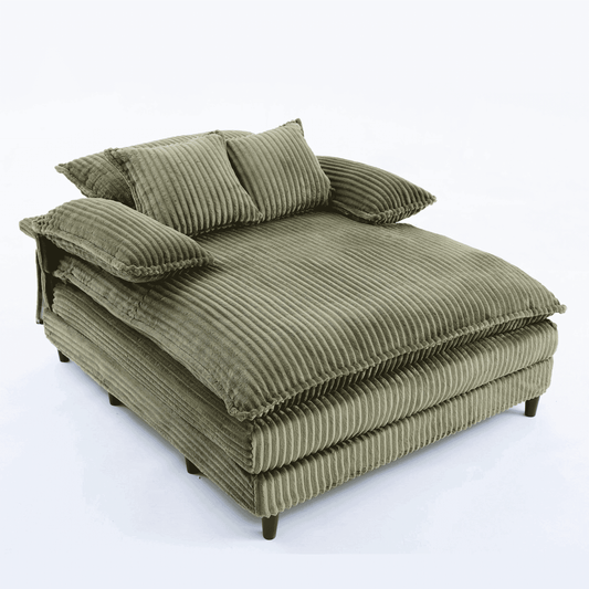 GIKPAL 54.75" Wide Oversized Chaise Lounge Chair with Fluffy Cushions, Deep Seat & Adjustable 4-Position Recline, Corduroy Sofa Bed with 2 Pillows, Leisure Sleeper Sofa Chair for Living Room, Green