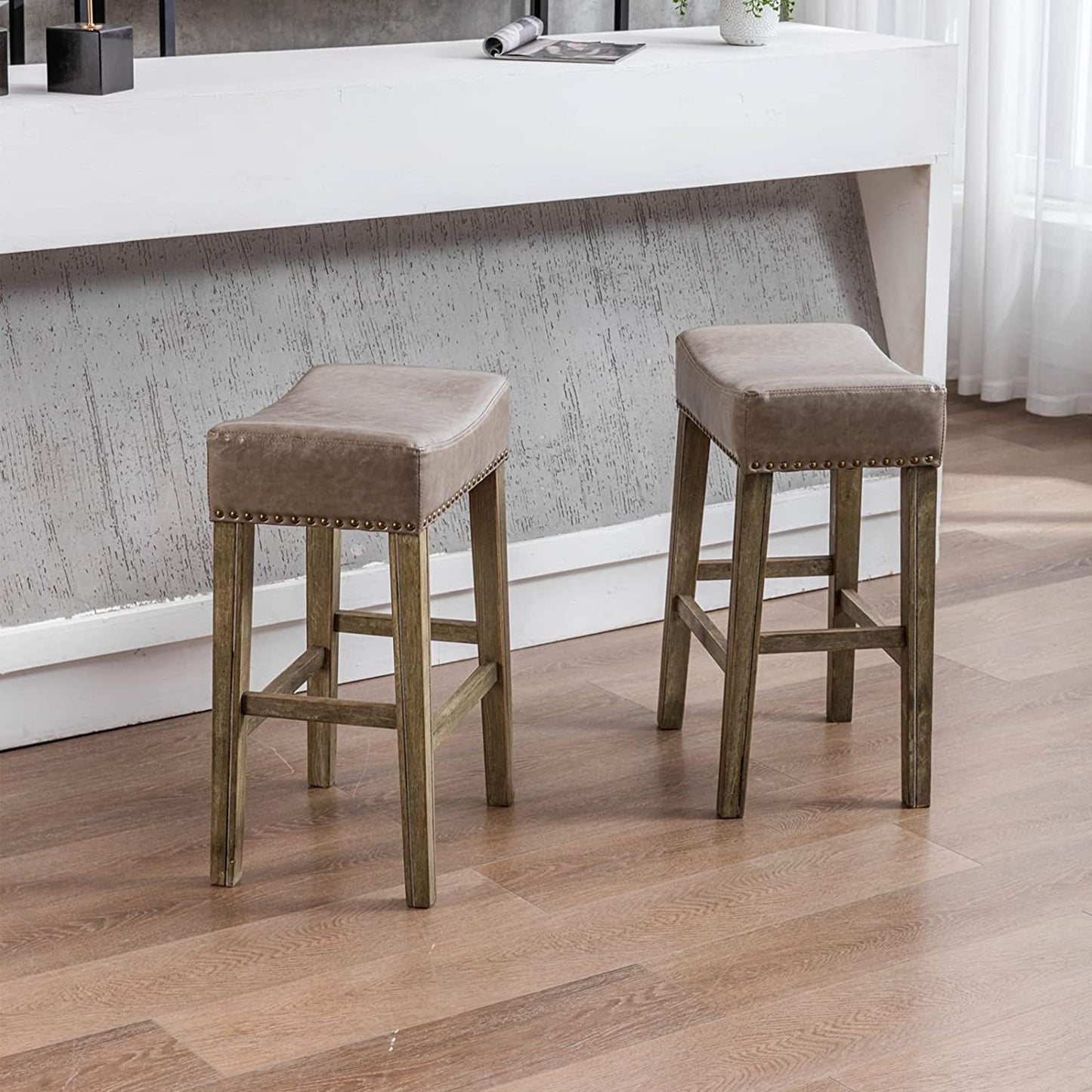 YaFiti 26" PU Leather Bar Stools Set of 2 with Solid Wood Legs Grey