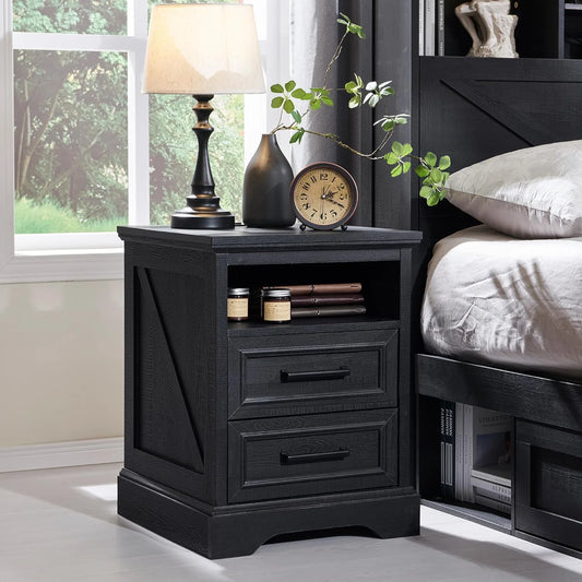 GIKPAL Rustic Nightstand with Charging Station, 2-Drawer Wooden Side Table for Bedroom & Living Room, Oak Black