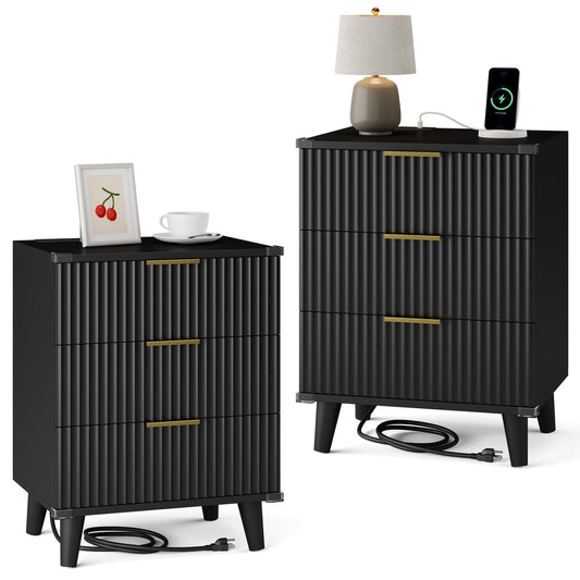 GIKPAL Night Stands for Bedroom Set of 2, Modern Bedside Table with 3 Drawers & Charging Station,Fluted Panel End Tables for Bedroom & Living Room, Black
