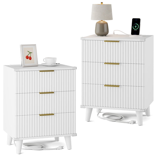 GIKPAL Night Stands for Bedroom Set of 2, Modern Bedside Table with 3 Drawers & Charging Station,Fluted Panel End Tables for Bedroom & Living Room, White