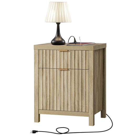 AOWOS 3-Drawer Nightstand with Charging Station, Bedside table with USB/Type-C Ports Natural