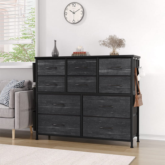 Aowos 10 Drawers Dressers Fabric Dressers for Bedroom Chest of Drawers with Wood Top with 2 Hook 3 Side Pockets, Gray