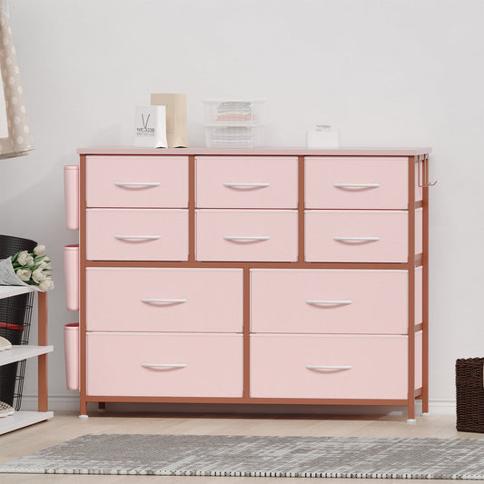 Aowos 10 Drawers Dressers Fabric Dressers for Bedroom Chest of Drawers with Wood Top with 2 Hook 3 Side Pockets, Pink
