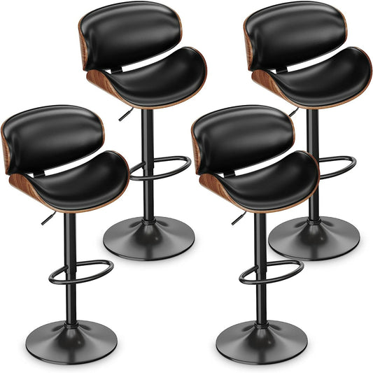 Bar Stools Adjustable Swivel Barstools Counter Stools with Back Sets of 4, Mid-Century Modern PU Leather Upholstered Counter Height Barstools, Kitchen Island Bar Chairs, Black