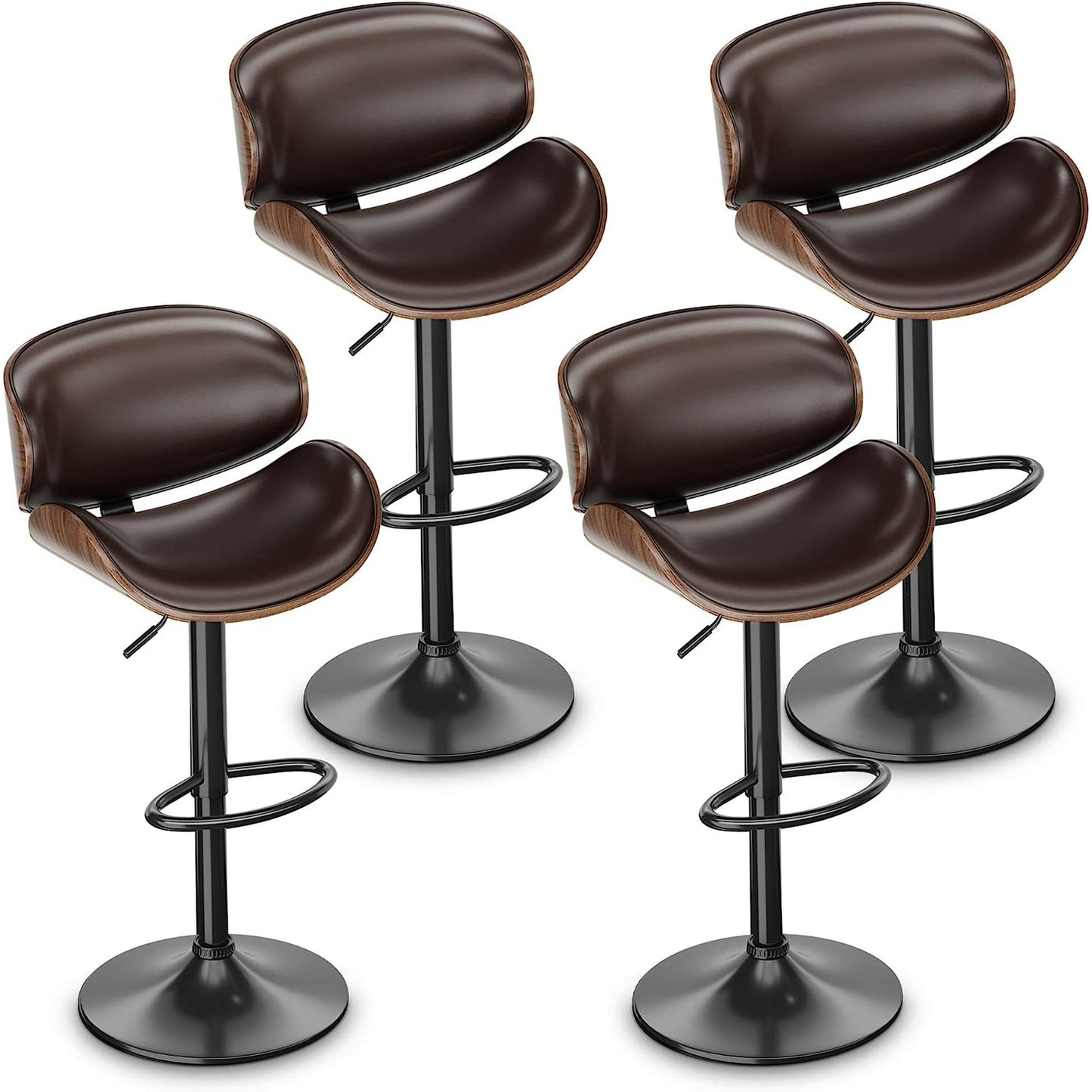 Bar Stools Adjustable Swivel Barstools Counter Stools with Back Sets of 4, Mid-Century Modern PU Leather Upholstered Counter Height Barstools, Kitchen Island Bar Chairs, Brown