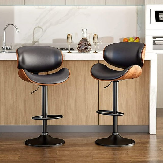 Aowos Bar Stools Modern Adjustable Swivel Barstools, Armless Kitchen Counter PU Leather Upholstered Bar Stool Island Barstool with Back Set of 2, Black