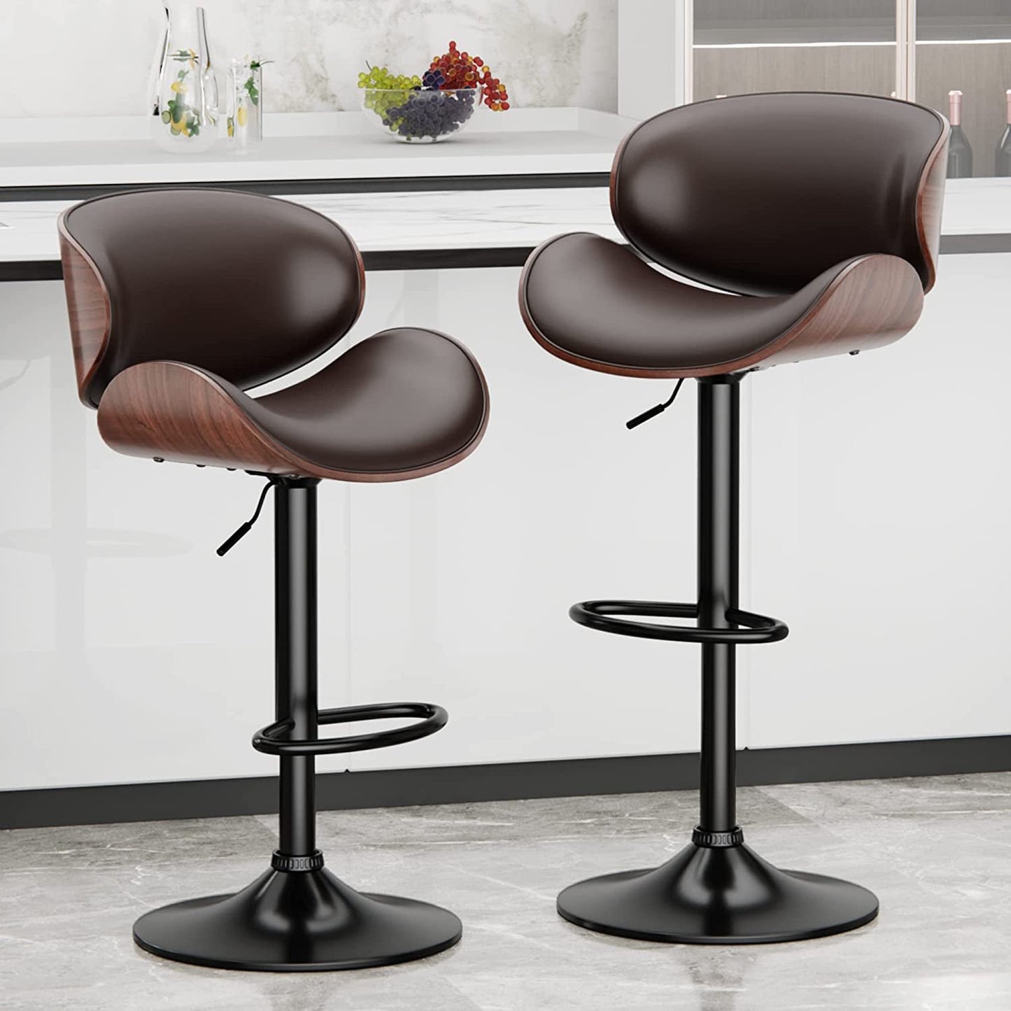 Aowos Bar Stools Modern Adjustable Swivel Barstools, Armless Kitchen Counter PU Leather Upholstered Bar Stool Island Barstool with Back Set of 2, Brown