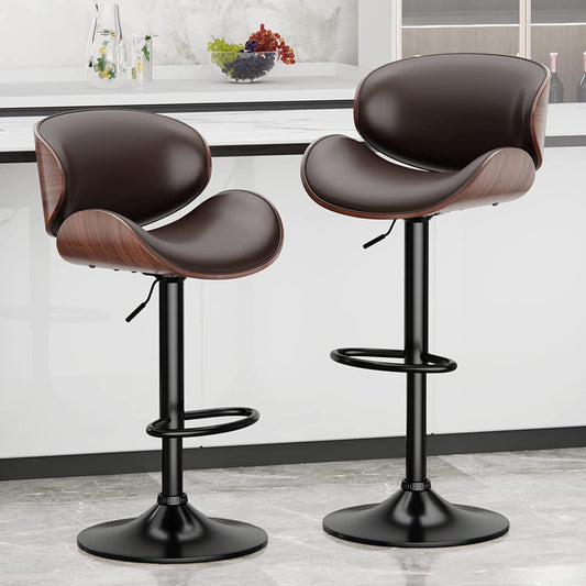Aowos Bar Stools Modern Adjustable Swivel Barstools, Armless Kitchen Counter PU Leather Upholstered Bar Stool Island Barstool with Back Set of 2, Brown