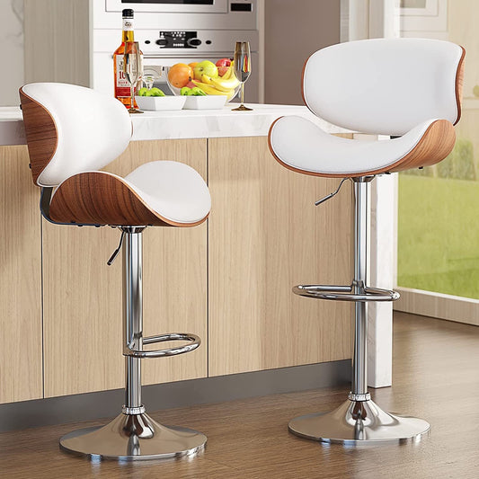 Aowos Bar Stools Modern Adjustable Swivel Barstools, Armless Kitchen Counter PU Leather Upholstered Bar Stool Island Barstool with Back Set of 2, White