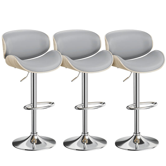 Aowos Bar Stools Modern Adjustable Swivel Barstools, Armless Kitchen Counter PU Leather Upholstered Bar Stool Island Barstool with Back Set of 3, Gray