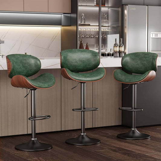 Aowos Bar Stools Modern Adjustable Swivel Barstools, Armless Kitchen Counter PU Leather Upholstered Bar Stool Island Barstool with Back Set of 3, Green