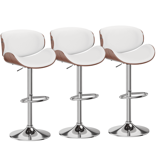 Aowos Bar Stools Modern Adjustable Swivel Barstools, Armless Kitchen Counter PU Leather Upholstered Bar Stool Island Barstool with Back Set of 3, White