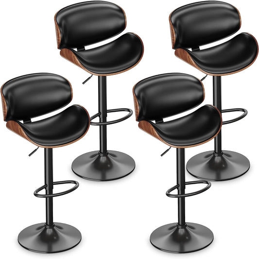 Aowos Bar Stools Modern Adjustable Swivel Barstools, Armless Kitchen Counter PU Leather Upholstered Bar Stool Island Barstool with Back Set of 4, Black
