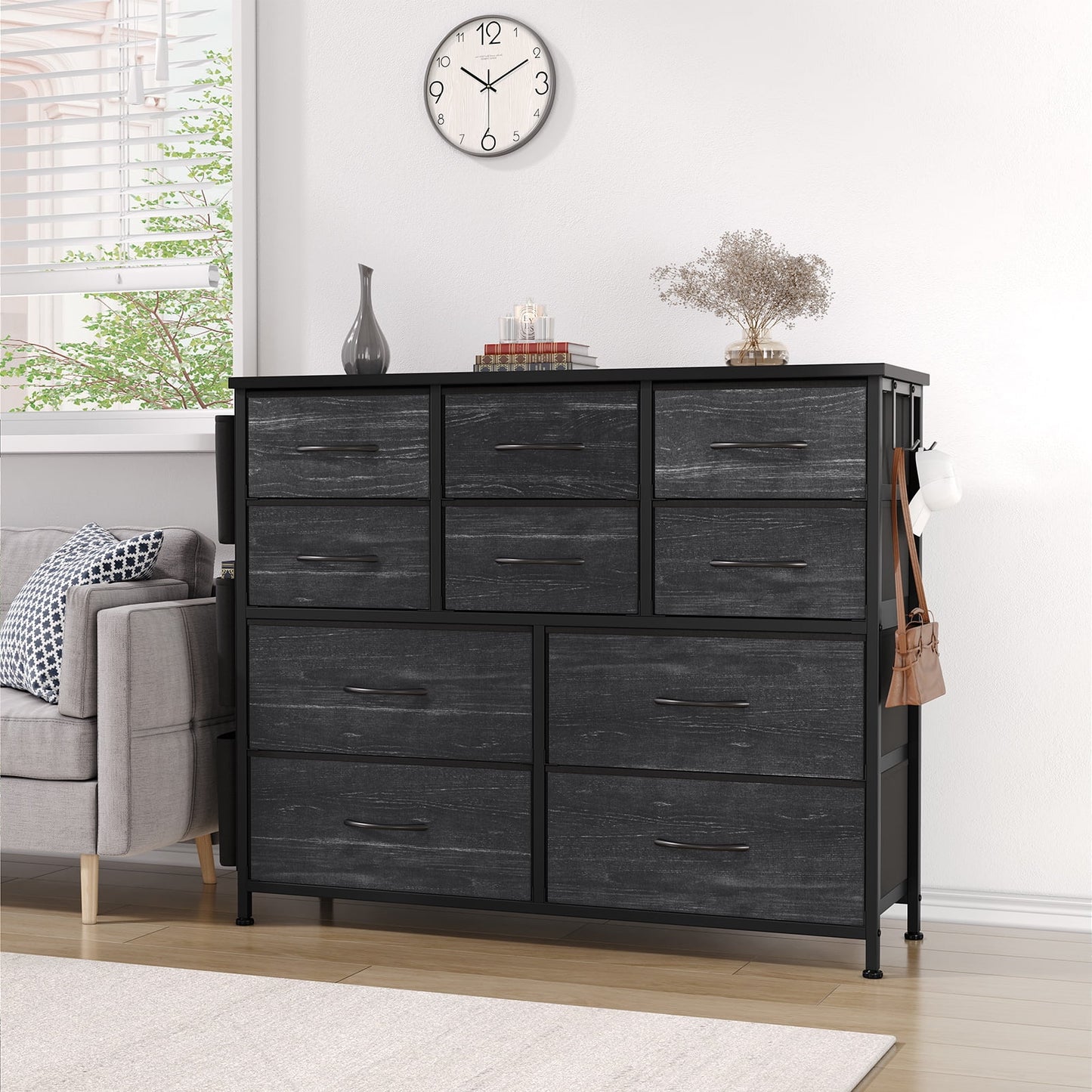 Aowos Black Dressers for Bedroom Chest of Drawers with 10 Drawers Fabric Dresser Wood Top with 2 Hook 3 Side Pockets