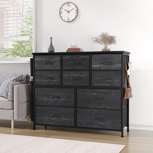 Aowos Black Dressers for Bedroom Chest of Drawers with 10 Drawers Fabric Dresser Wood Top with 2 Hook 3 Side Pockets