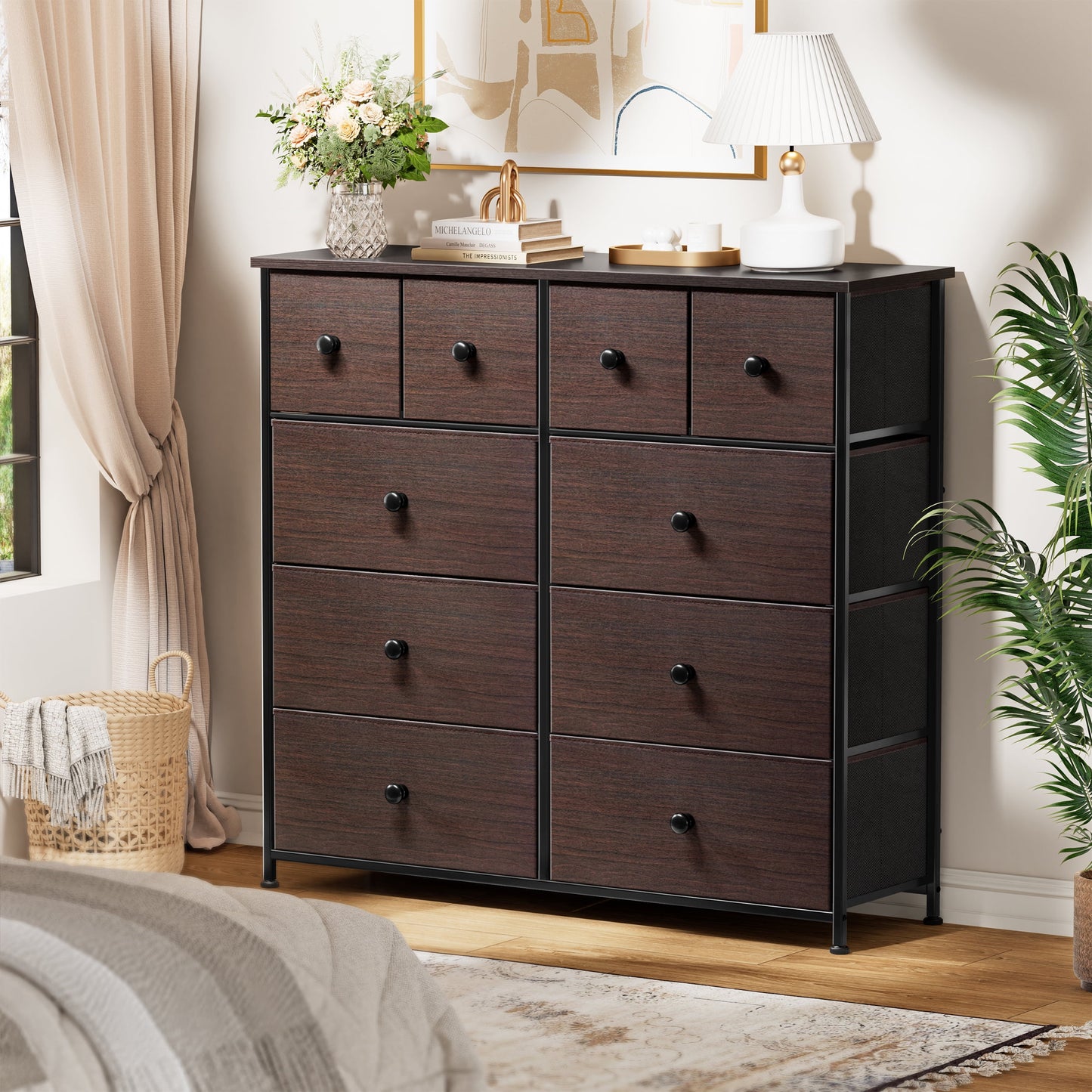 Aowos Black Dressers for Bedroom Chest of Drawers with 10 Drawers Leather Dresser Wood Top with 2 Hook 3 Side Pockets