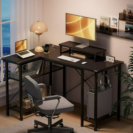 Aowos Computer Desk 47" Gaming Desk Home Office Desk with LED Lights and Power Outlet, Small Writing Desk with Monitor Stand, Modern Design Corner Table, Carbon Black